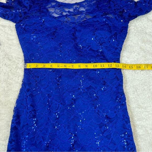 Sequin Hearts mesh back, lace and sequin blue sheath cocktail party dress, 7 - Picture 8 of 14